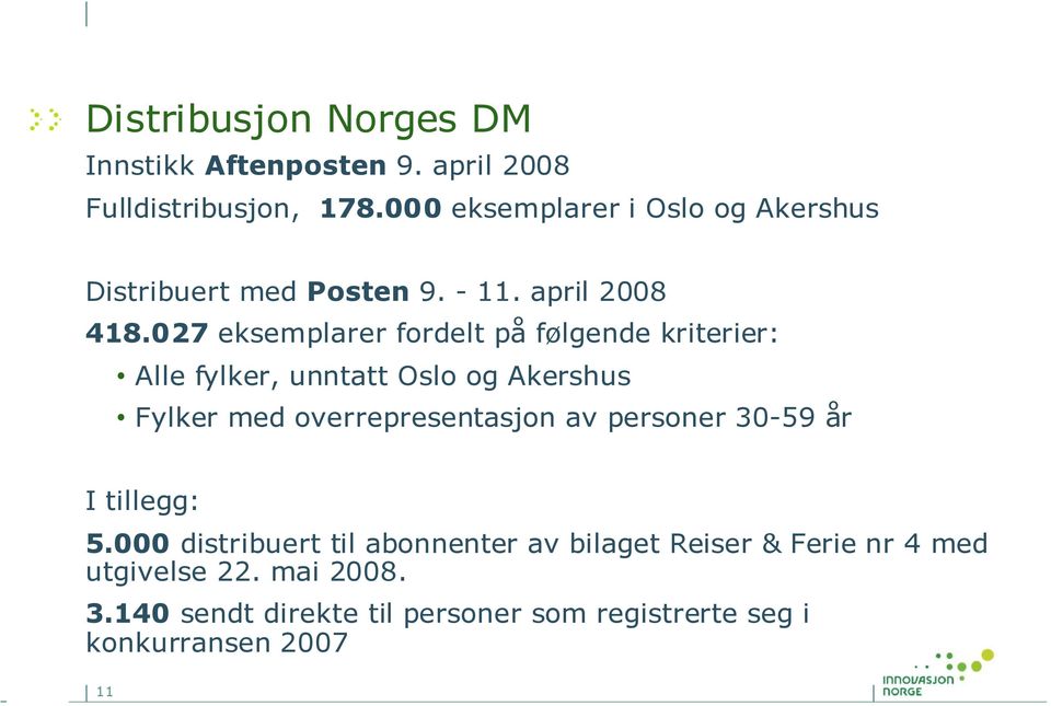 027 eksemplarer fordelt på følgende kriterier: Alle fylker, unntatt Oslo og Akershus Fylker med overrepresentasjon av
