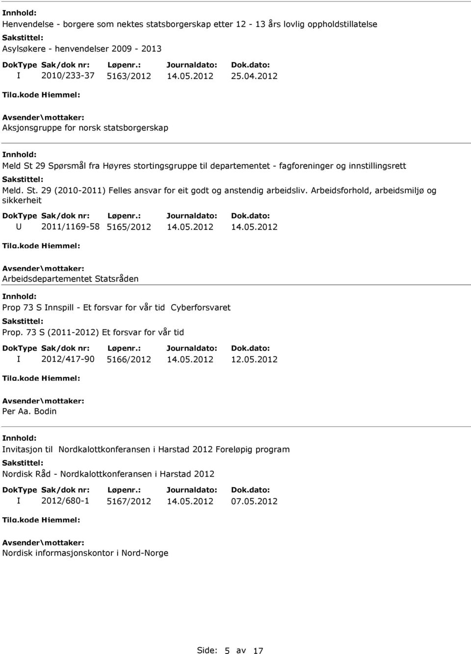 Arbeidsforhold, arbeidsmiljø og sikkerheit 2011/1169-58 5165/2012 Arbeidsdepartementet Statsråden Prop 73 S nnspill - Et forsvar for vår tid Cyberforsvaret Prop.