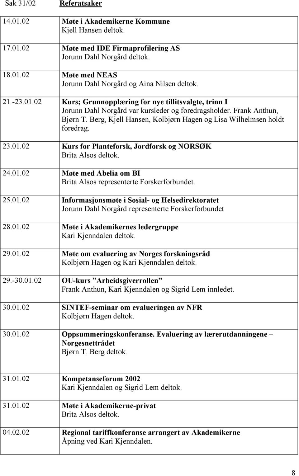 Berg, Kjell Hansen, Kolbjørn Hagen og Lisa Wilhelmsen holdt foredrag. 23.01.02 Kurs for Planteforsk, Jordforsk og NORSØK Brita Alsos deltok. 24.01.02 Møte med Abelia om BI Brita Alsos representerte Forskerforbundet.