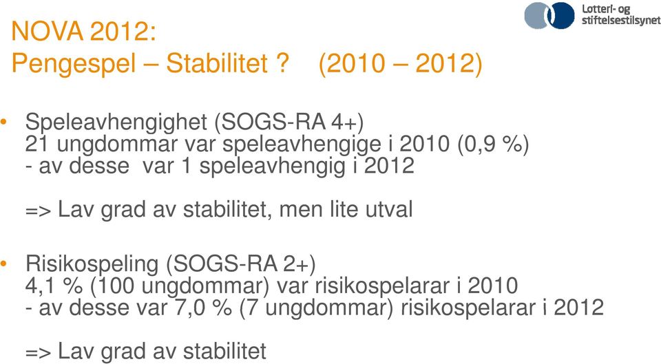 av desse var 1 speleavhengig i 2012 => Lav grad av stabilitet, men lite utval