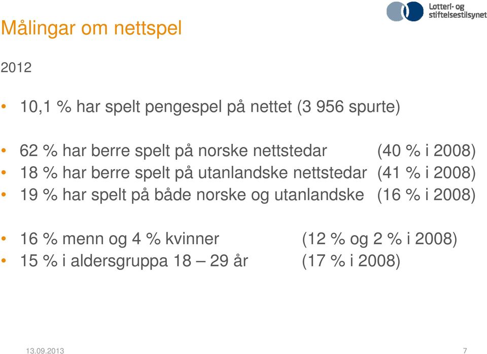 nettstedar (41 % i 2008) 19 % har spelt på både norske og utanlandske (16 % i 2008) 16 %