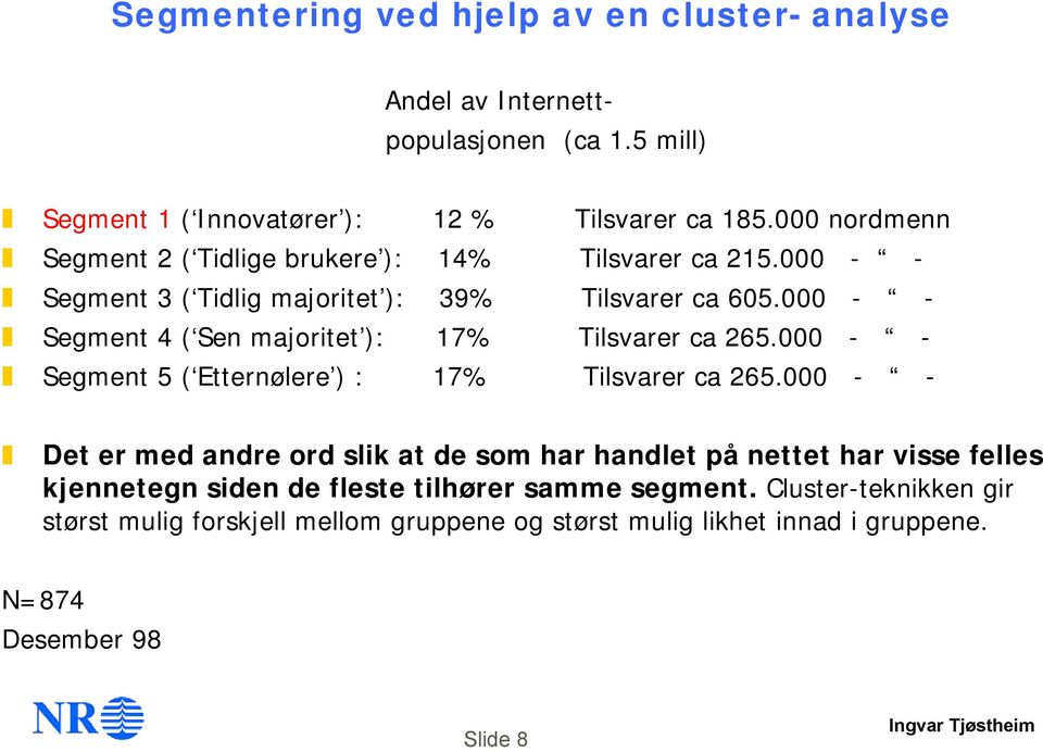 000 - - Segment 4 ( Sen majoritet ): 17% Tilsvarer ca 265.000 - - Segment 5 ( Etternølere ) : 17% Tilsvarer ca 265.