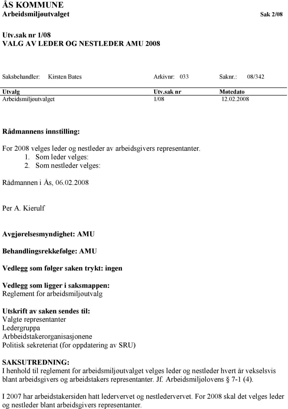 Som nestleder velges: Rådmannen i Ås, 06.02.2008 Per A.