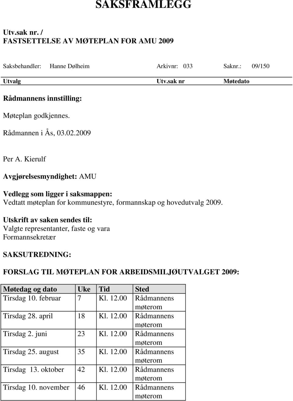 Utskrift av saken sendes til: Valgte representanter, faste og vara Formannsekretær SAKSUTREDNING: FORSLAG TIL MØTEPLAN FOR ARBEIDSMILJØUTVALGET 2009: Møtedag og dato Uke Tid Sted Tirsdag 10.