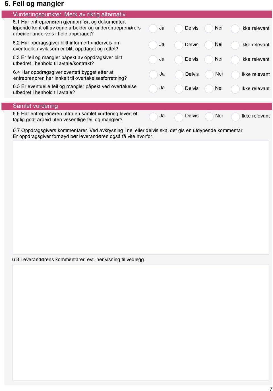 6.6 Har entreprenøren utfra en samlet vurdering levert et faglig godt arbeid uten vesentlige feil og mangler? 6.7 Oppdragsgivers kommentarer.