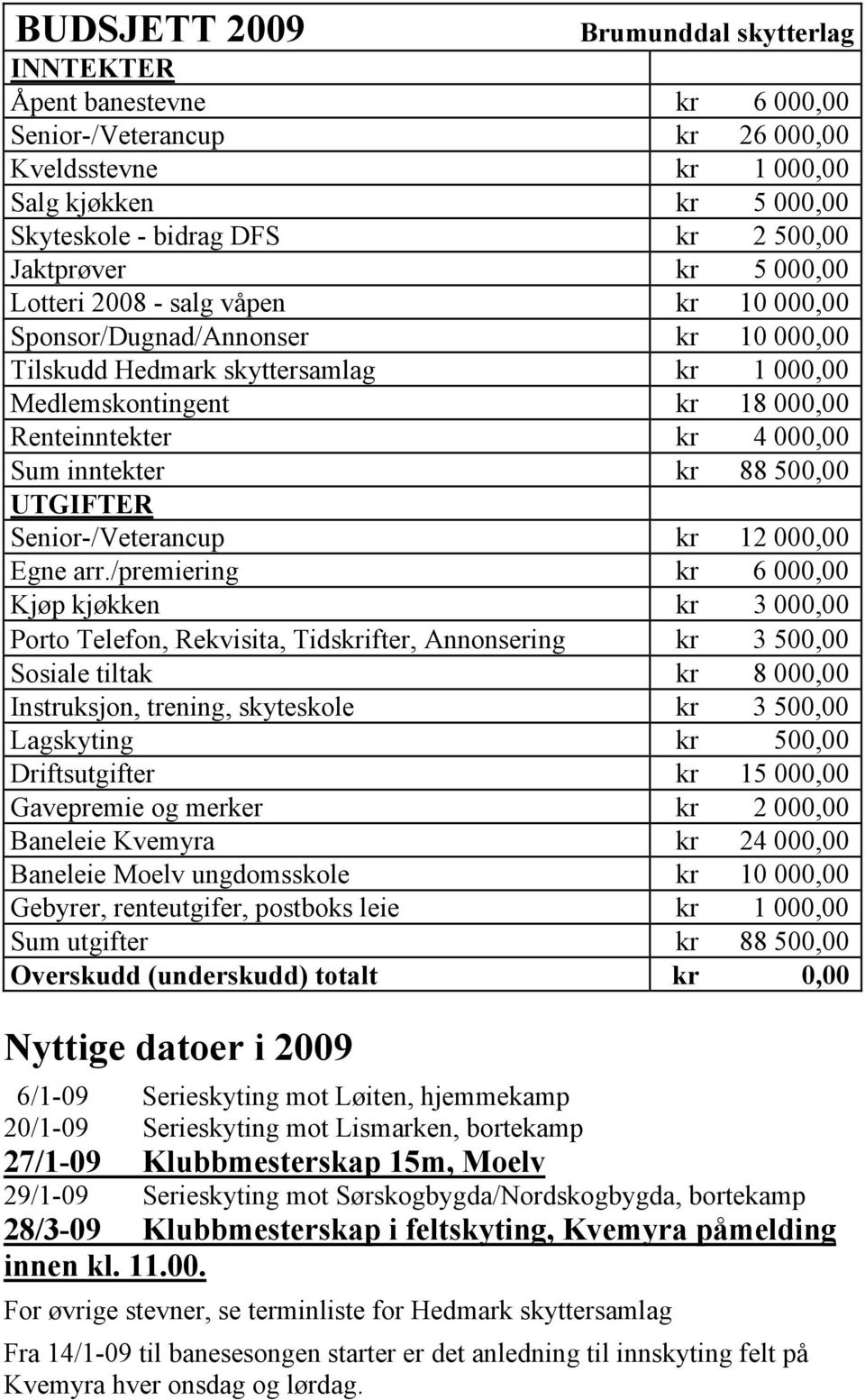 Sum inntekter kr 88 500,00 UTGIFTER Senior-/Veterancup kr 12 000,00 Egne arr.