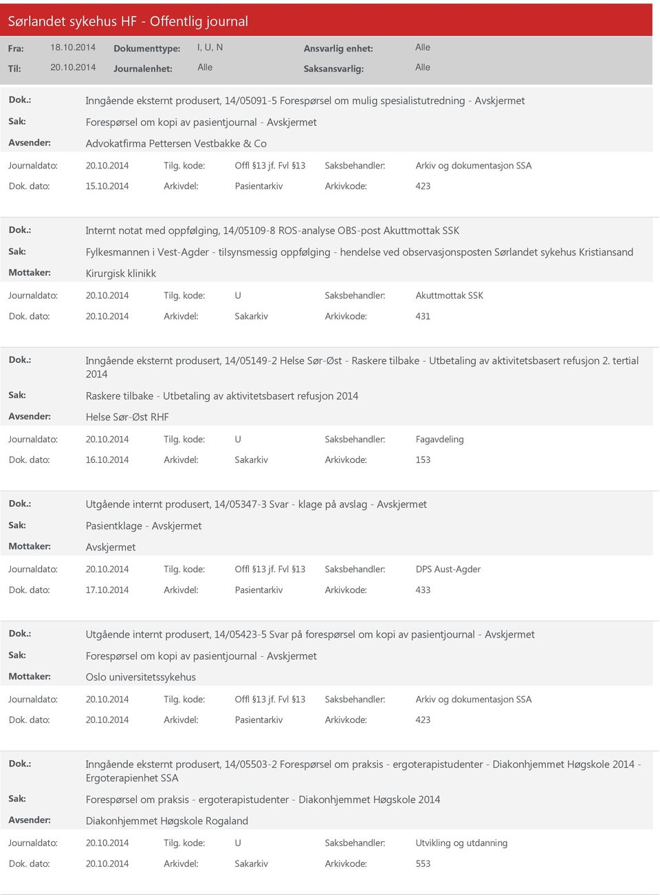 2014 Arkivdel: Pasientarkiv Arkivkode: 423 Internt notat med oppfølging, 14/05109-8 ROS-analyse OBS-post Akuttmottak SSK Fylkesmannen i Vest-Agder - tilsynsmessig oppfølging - hendelse ved