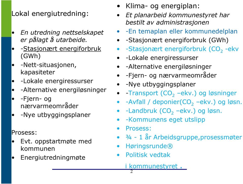 oppstartmøte med kommunen Energiutredningmøte Klima- og energiplan: Et planarbeid kommunestyret har bestilt av administrasjonen -En temaplan eller kommunedelplan -Stasjonært energiforbruk (GWh)