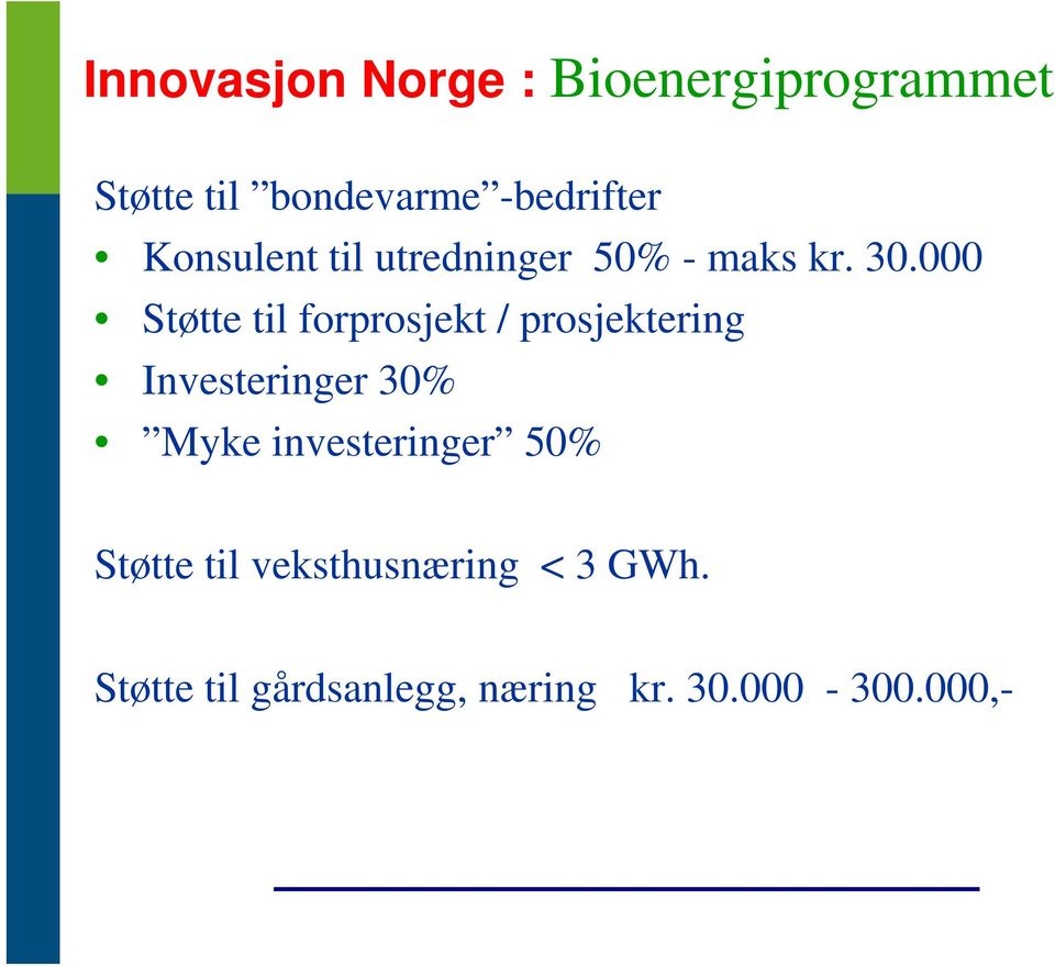 000 Støtte til forprosjekt / prosjektering Investeringer 30% Myke