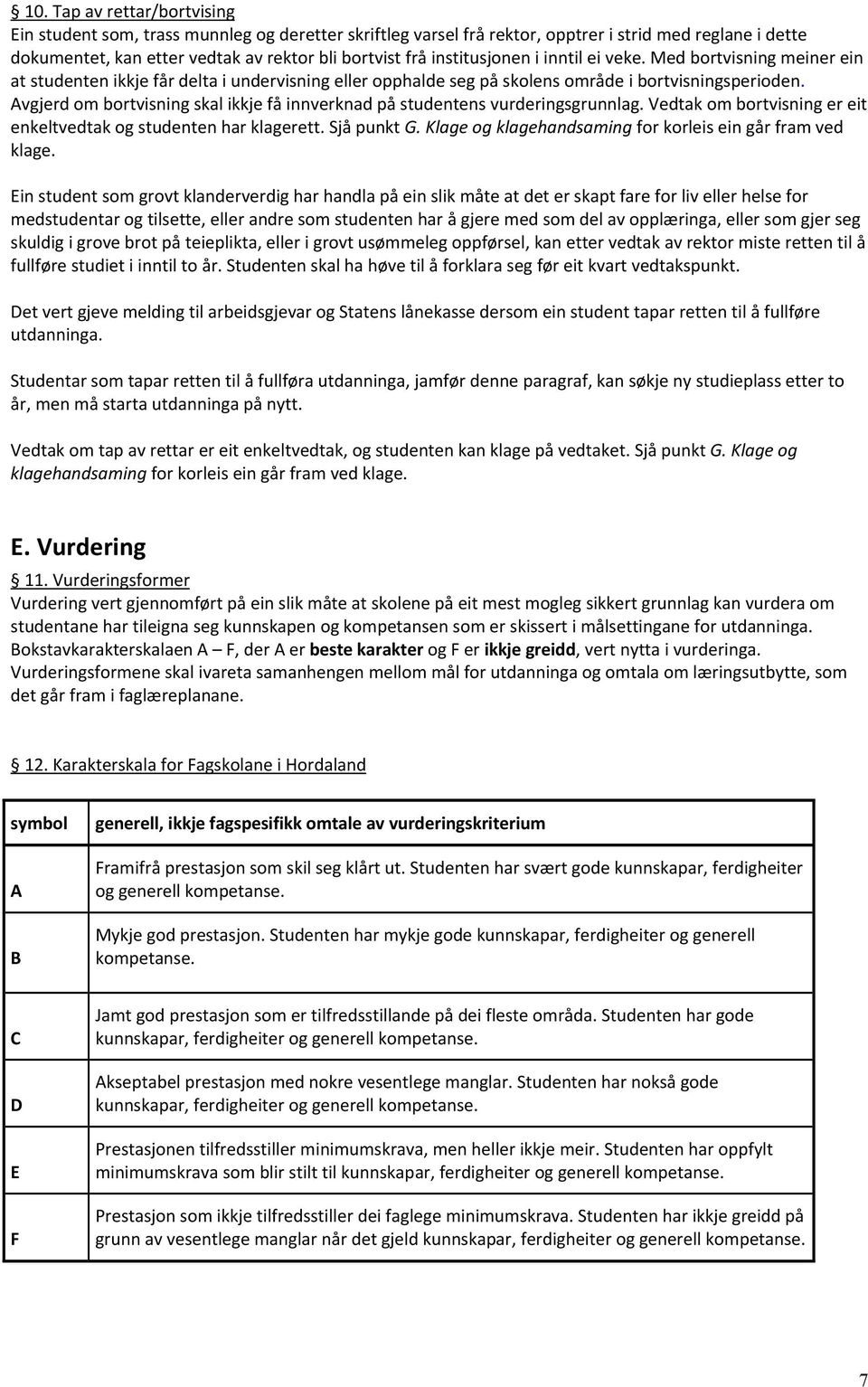 Avgjerd om bortvisning skal ikkje få innverknad på studentens vurderingsgrunnlag. Vedtak om bortvisning er eit enkeltvedtak og studenten har klagerett. Sjå punkt G.