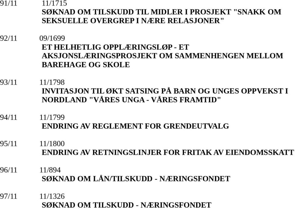 UNGES OPPVEKST I NORDLAND "VÅRES UNGA - VÅRES FRAMTID" 94/11 11/1799 ENDRING AV REGLEMENT FOR GRENDEUTVALG 95/11 11/1800 ENDRING AV