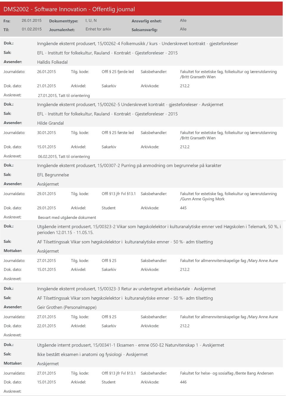 2015 Arkivdel: Sakarkiv 27.01.2015, Tatt til orientering Inngående eksternt produsert, 15/00262-5 nderskrevet kontrakt - gjesteforeleser - EFL - Institutt for folkekultur, Rauland - Kontrakt -