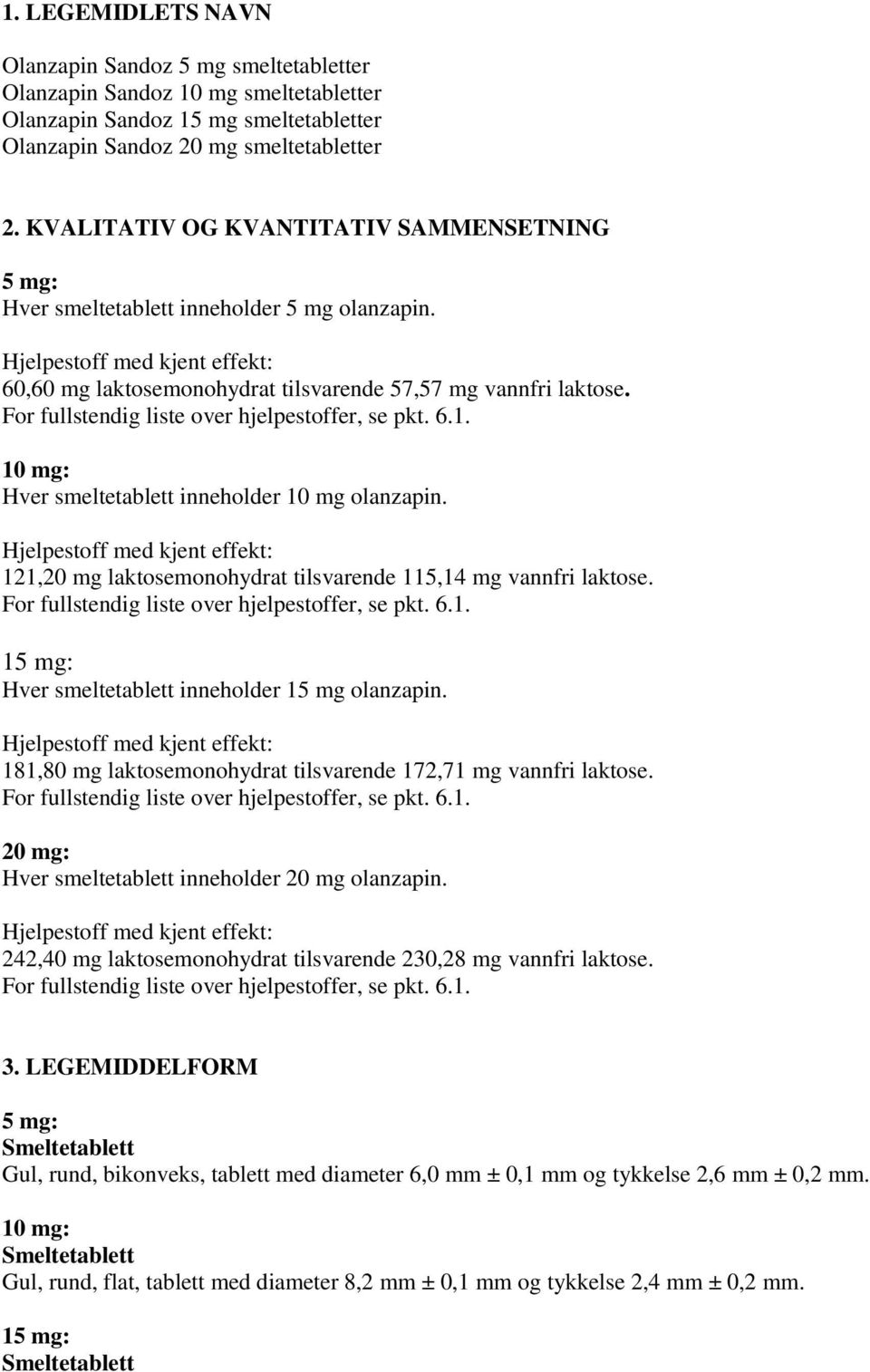 For fullstendig liste over hjelpestoffer, se pkt. 6.1. 10 mg: Hver smeltetablett inneholder 10 mg olanzapin.