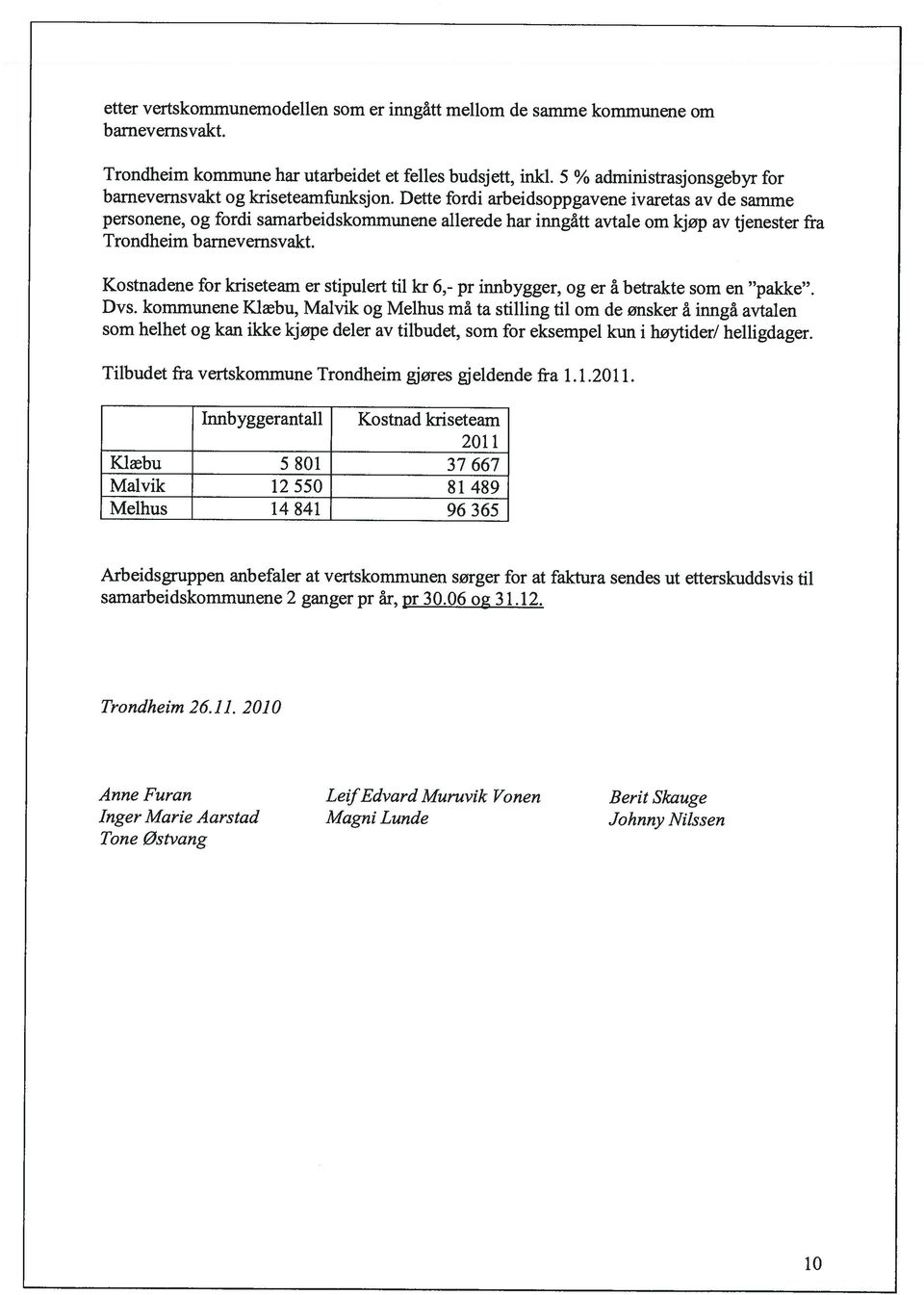 5 % administrasjonsgebyr for personene, og fordi samarbeidskommunene allerede har inngått avtale om kjøp av tjenester fra Trondheim bamevemsvakt.