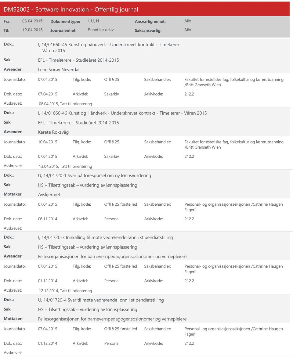 2015, Tatt til orientering I, 14/01660-46 Kunst og Håndverk - nderskrevet kontrakt - Timelærer - Våren 2015 EFL - Timelærere - Studieåret 2014-2015 Karete Roksvåg Offl 25 /Britt Granseth Wien Dok.