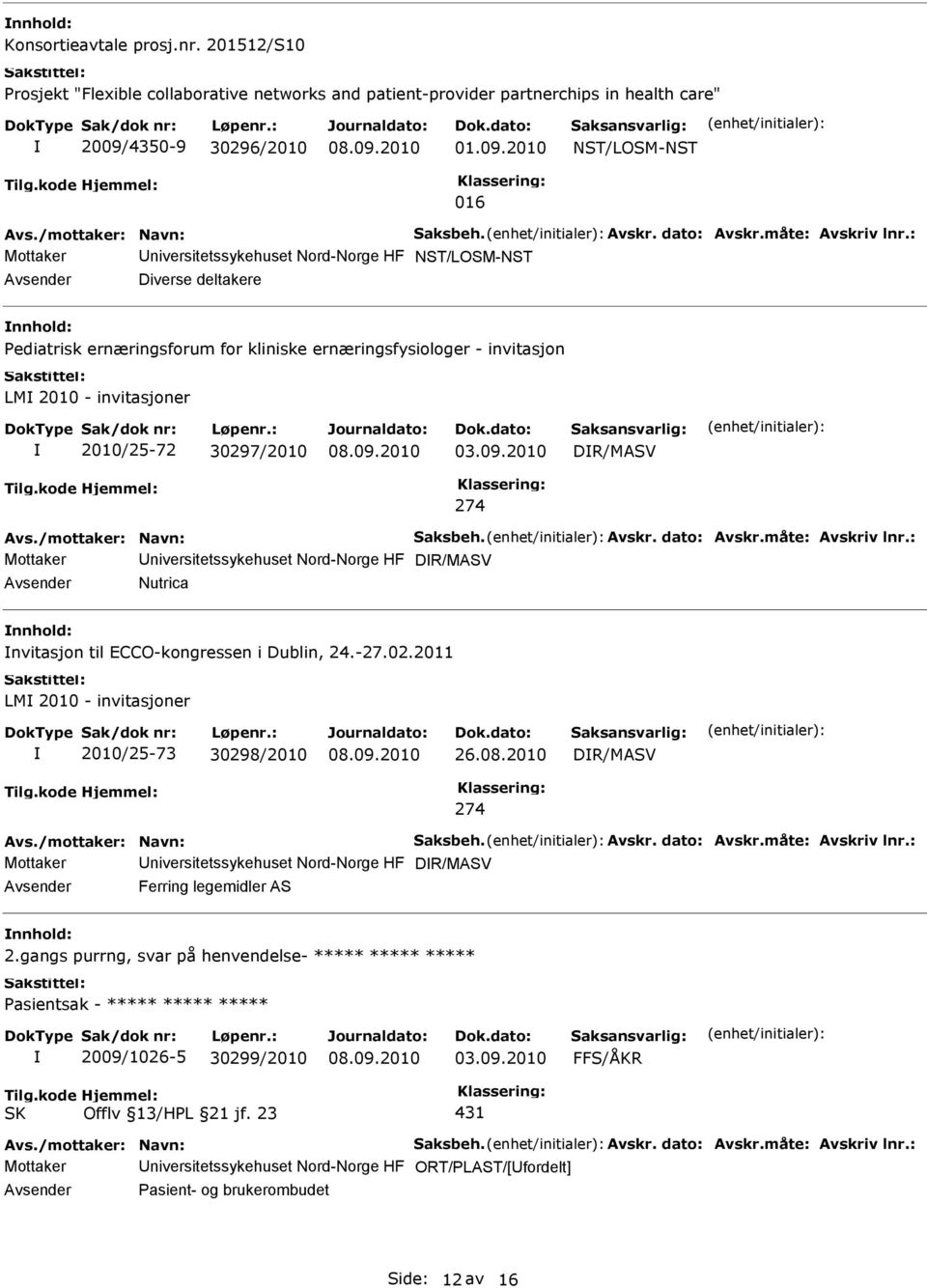 2010 NST/LOSM-NST 016 Mottaker niversitetssykehuset Nord-Norge HF NST/LOSM-NST Avsender Diverse deltakere nnhold: Pediatrisk ernæringsforum for kliniske ernæringsfysiologer - invitasjon LM 2010 -