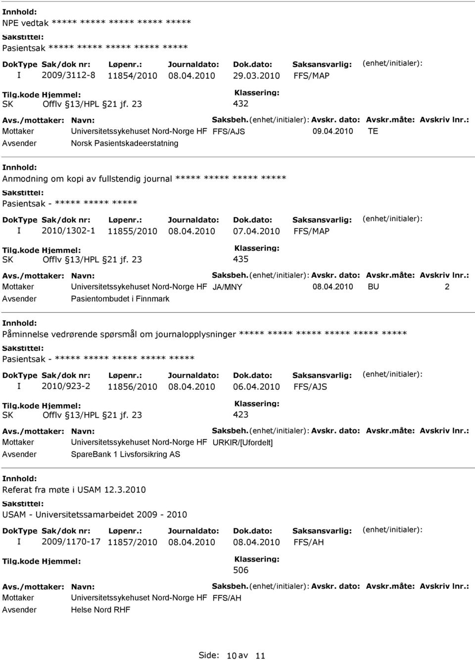 2010 TE Norsk Pasientskadeerstatning Anmodning om kopi av fullstendig journal ***** ***** ***** ***** Pasientsak - ***** ***** ***** 2010/1302-1 11855/2010 FFS/MAP 435 Avs./mottaker: Navn: Saksbeh.