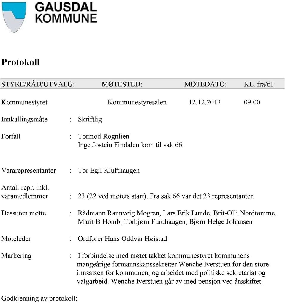 varamedlemmer Dessuten møtte Møteleder Markering : Tor Egil Klufthaugen : 23 (22 ved møtets start). Fra sak 66 var det 23 representanter.