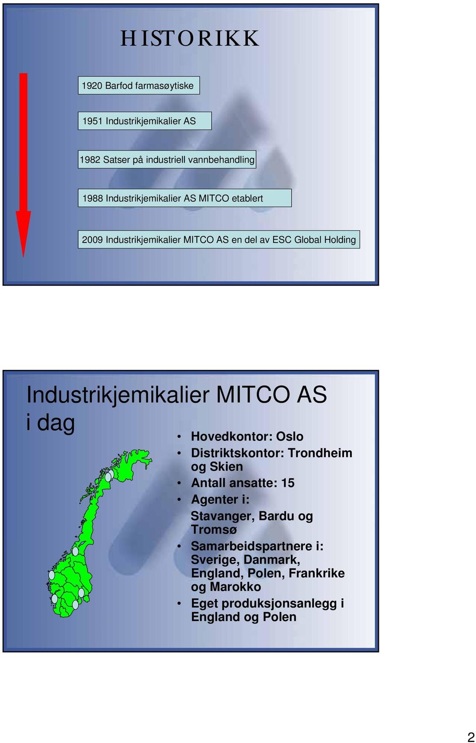 Industrikjemikalier MITCO AS i dag Hovedkontor: Oslo Distriktskontor: Trondheim og Skien Antall ansatte: 15 Agenter i: