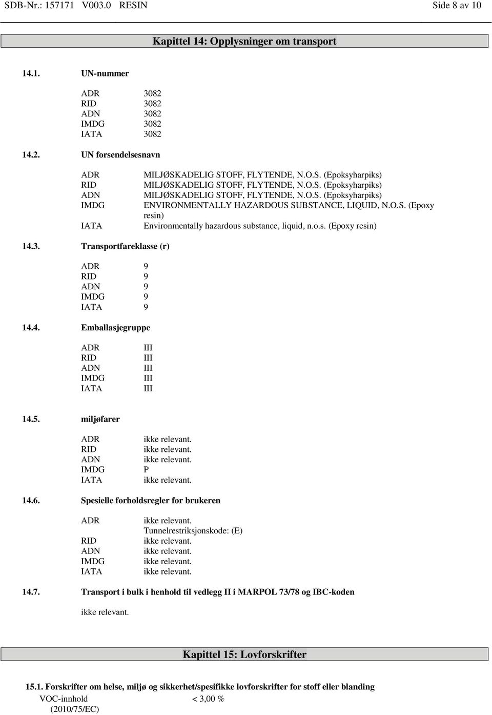 o.s. (Epoxy resin) 14.3. Transportfareklasse (r) ADR 9 RID 9 ADN 9 IMDG 9 IATA 9 14.4. Emballasjegruppe ADR RID ADN IMDG IATA III III III III III 14.5. miljøfarer ADR RID ADN IMDG IATA P 14.6.