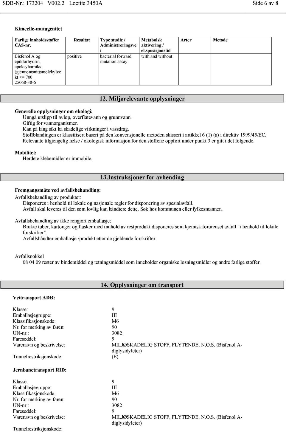 eksposisjonstid with and without Arter Metode 12. Miljørelevante opplysninger Generelle opplysninger om økologi: Unngå utslipp til avløp, overflatevann og grunnvann. Giftig for vannorganismer.