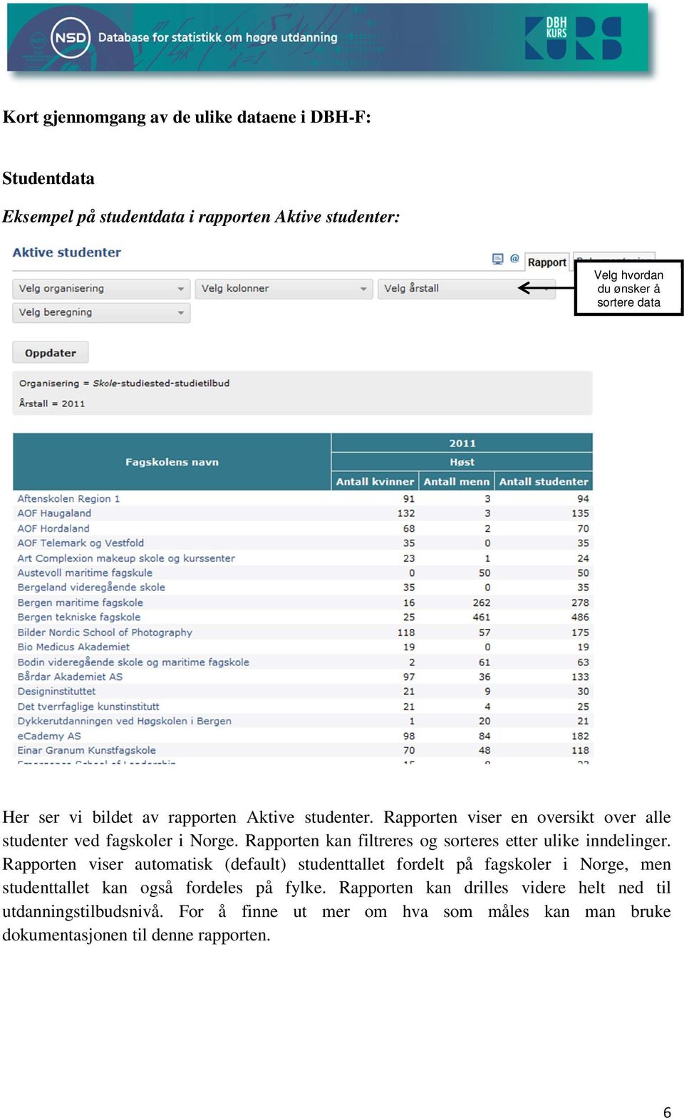 Rapporten kan filtreres og sorteres etter ulike inndelinger.