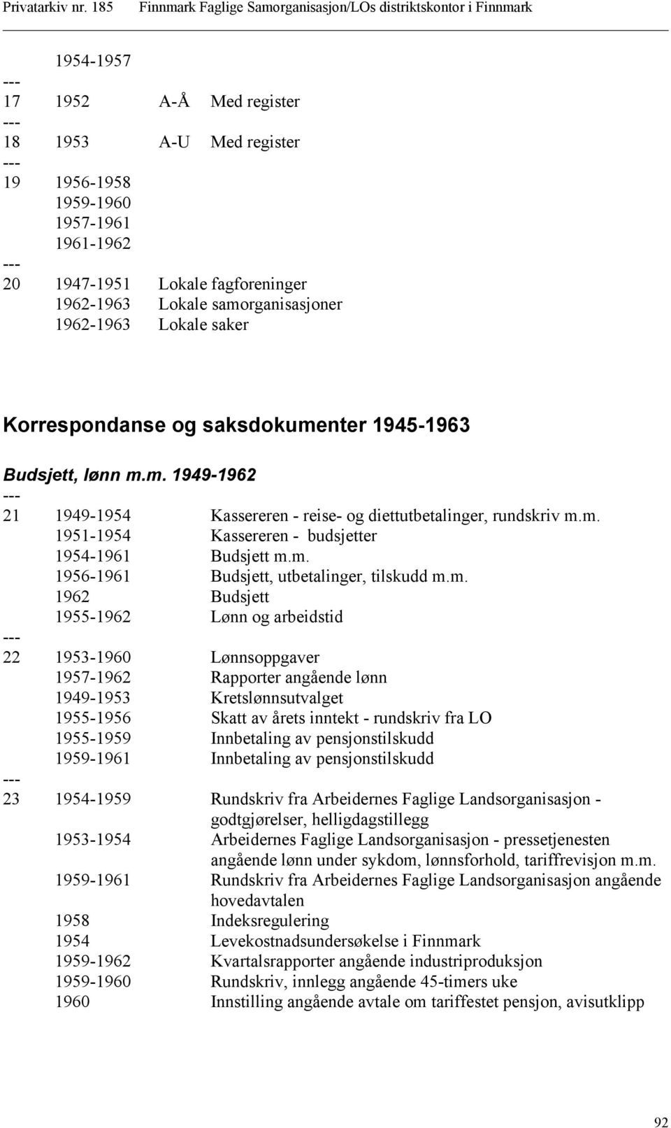 m. 1962 Budsjett 1955-1962 Lønn og arbeidstid 22 1953-1960 Lønnsoppgaver 1957-1962 Rapporter angående lønn 1949-1953 Kretslønnsutvalget 1955-1956 Skatt av årets inntekt - rundskriv fra LO 1955-1959