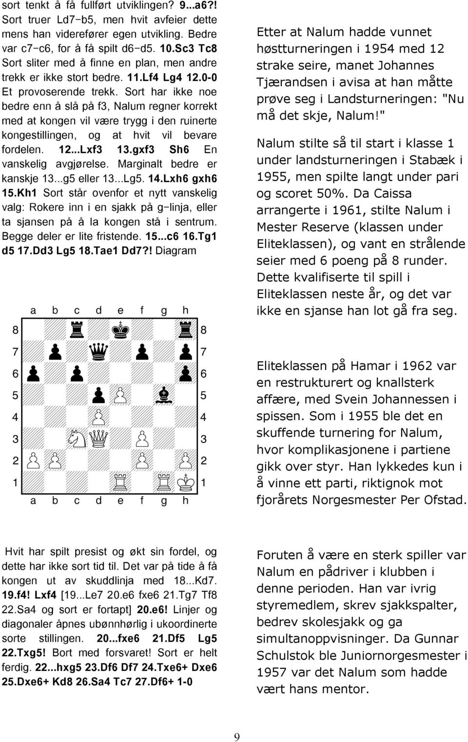 Sort har ikke noe bedre enn å slå på f3, Nalum regner korrekt med at kongen vil være trygg i den ruinerte kongestillingen, og at hvit vil bevare fordelen. 12...Lxf3 13.