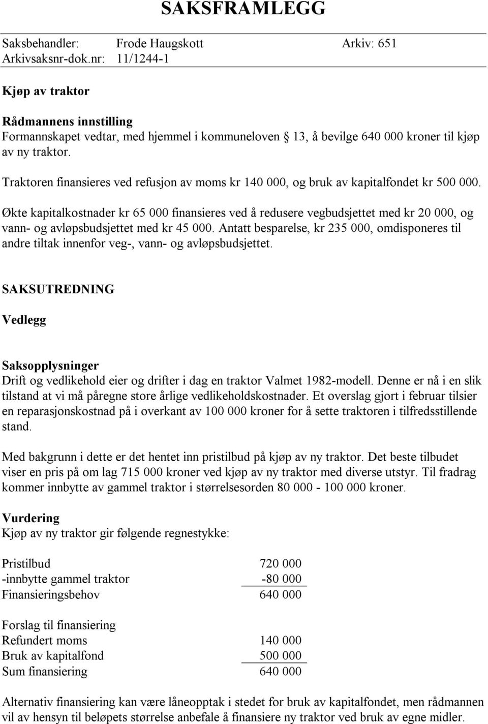 Traktoren finansieres ved refusjon av moms kr 140 000, og bruk av kapitalfondet kr 500 000.