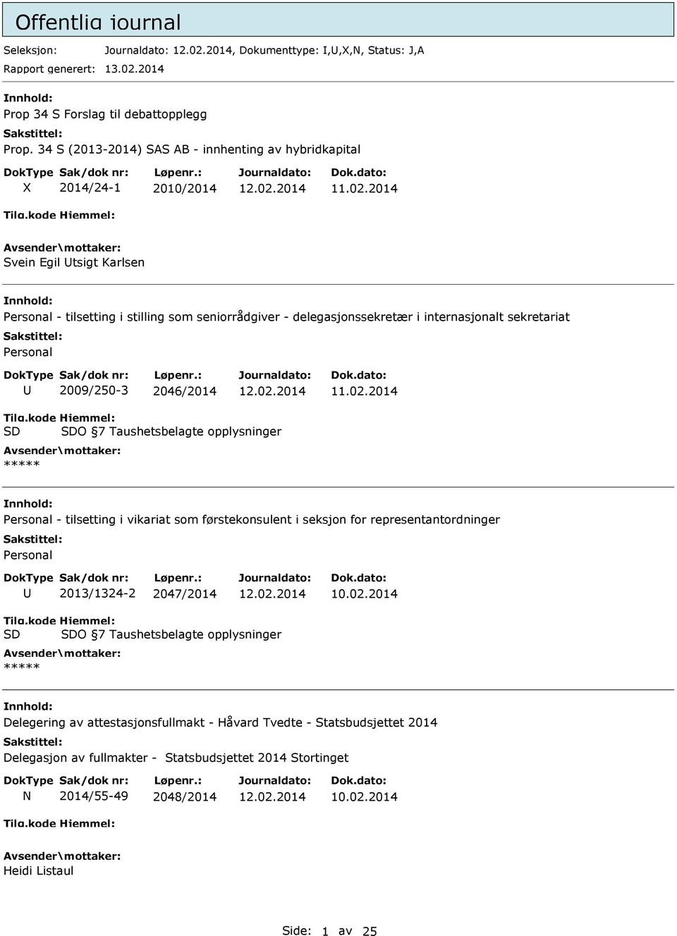 internasjonalt sekretariat Personal 2009/250-3 2046/2014 O 7 Taushetsbelagte opplysninger ***** Personal - tilsetting i vikariat som førstekonsulent i seksjon for representantordninger