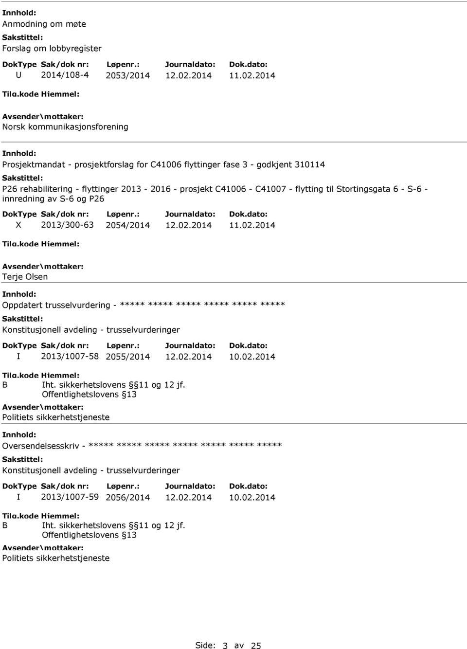 ***** ***** Konstitusjonell avdeling - trusselvurderinger 2013/1007-58 2055/2014 B ht. sikkerhetslovens 11 og 12 jf.