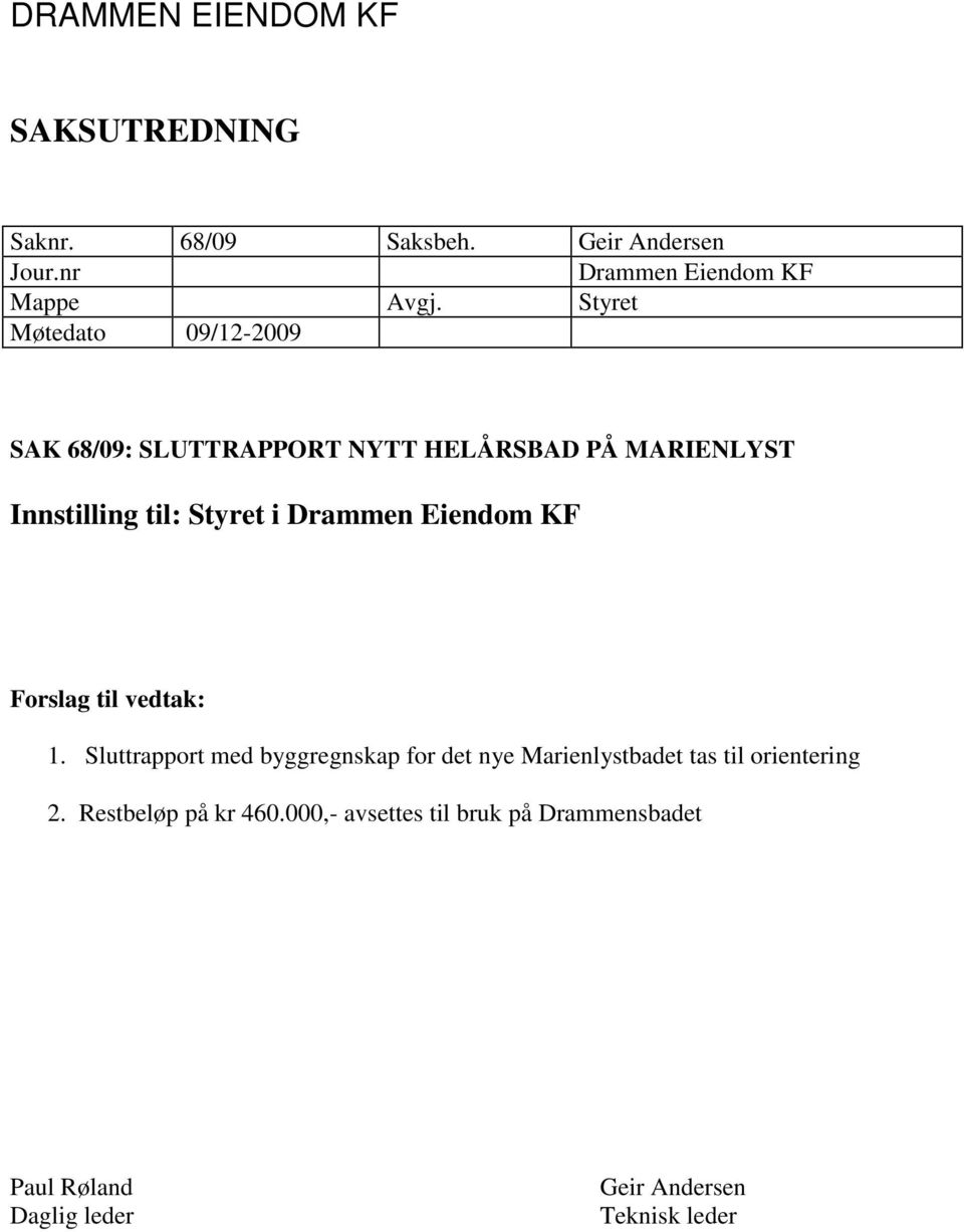 Drammen Eiendom KF Forslag til vedtak: 1.