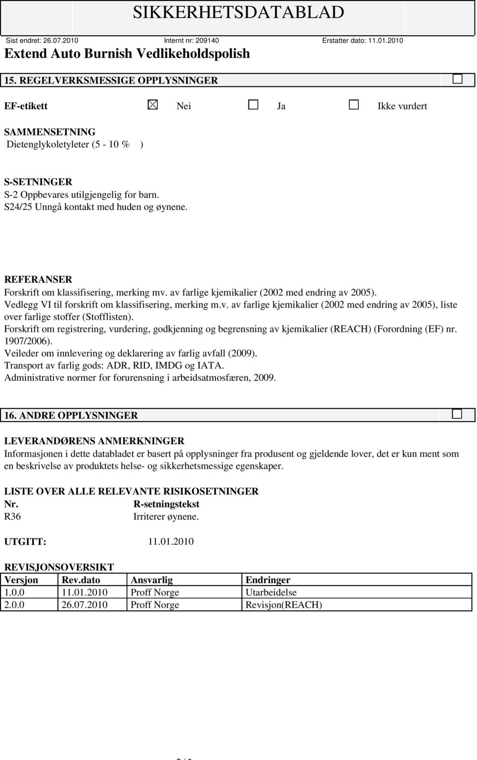 v. av farlige kjemikalier (2002 med endring av 2005), liste over farlige stoffer (Stofflisten).