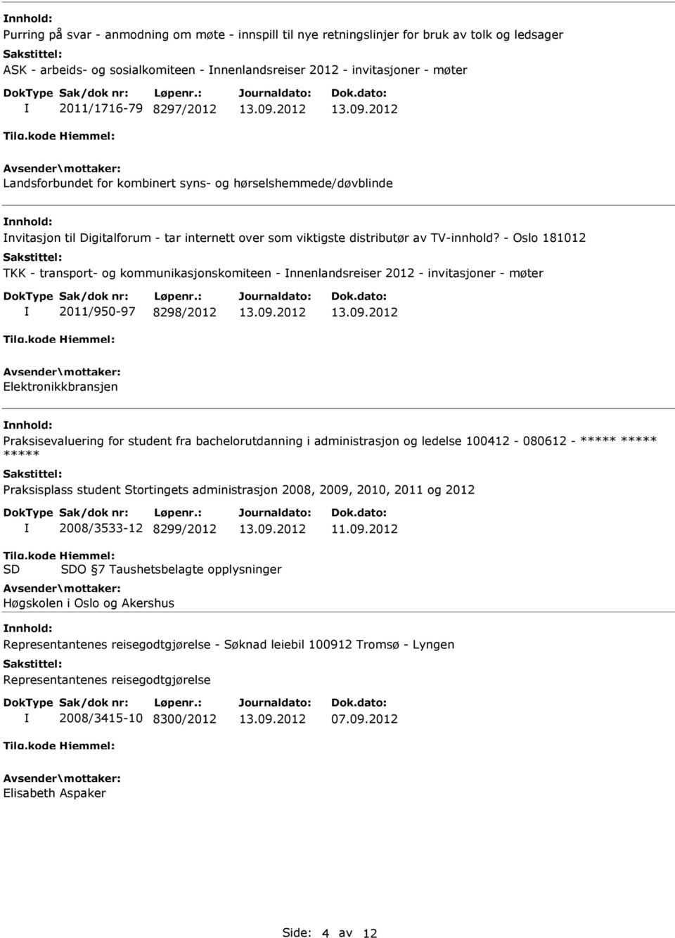 - Oslo 181012 TKK - transport- og kommunikasjonskomiteen - nnenlandsreiser 2012 - invitasjoner - møter 2011/950-97 8298/2012 Elektronikkbransjen Praksisevaluering for student fra bachelorutdanning i