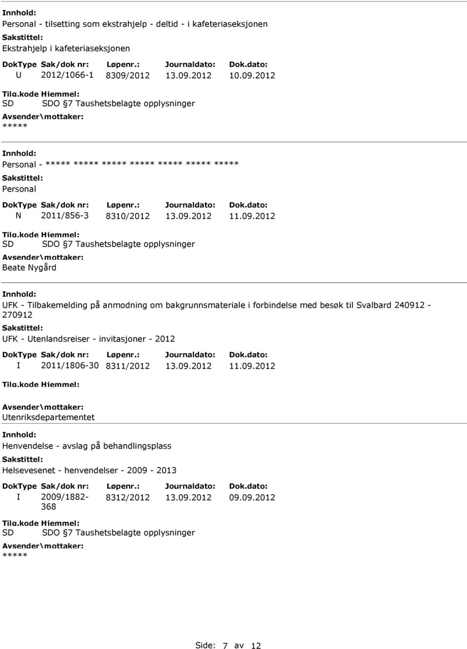 2012 O 7 Taushetsbelagte opplysninger Personal - Personal N 2011/856-3 8310/2012 O 7 Taushetsbelagte opplysninger Beate Nygård FK - Tilbakemelding på