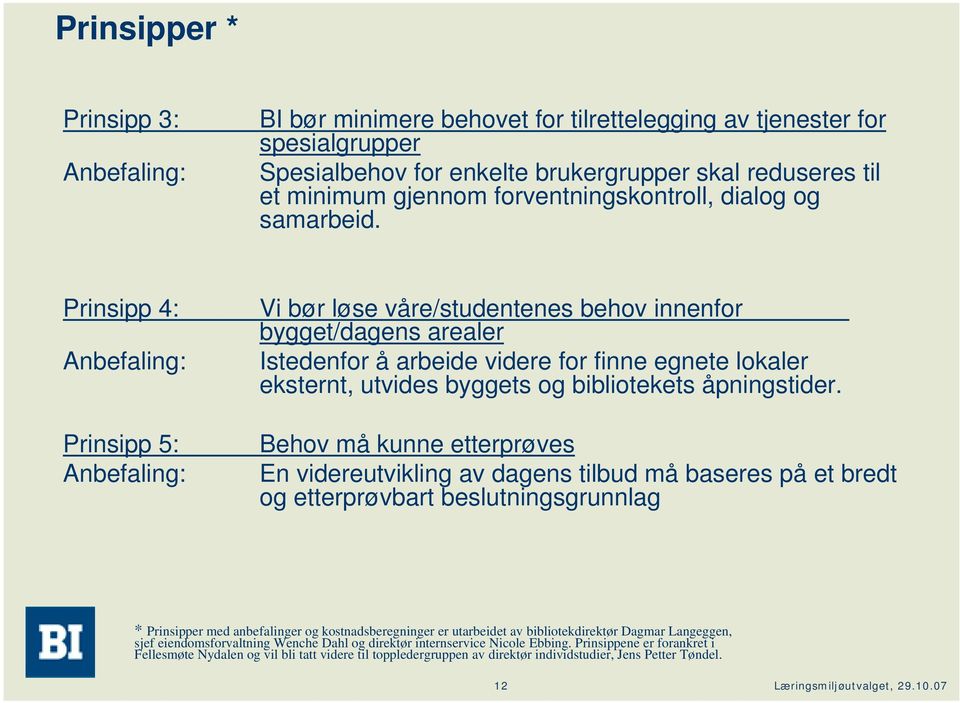 Prinsipp 4: Prinsipp 5: Vi bør løse våre/studentenes behov innenfor bygget/dagens arealer Istedenfor å arbeide videre for finne egnete lokaler eksternt, utvides byggets og bibliotekets åpningstider.