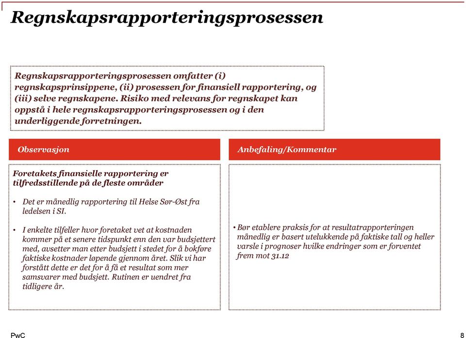 Anbefaling/Kommentar Foretakets finansielle rapportering er tilfredsstillende på de fleste områder Det er månedlig rapportering til Helse Sør-Øst fra ledelsen i SI.