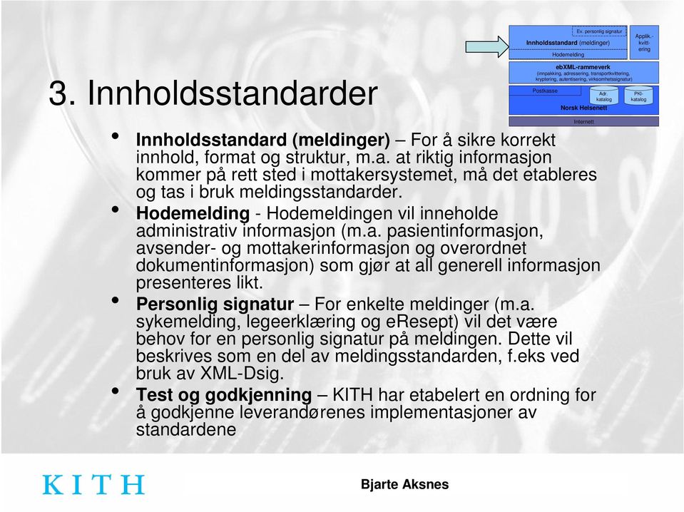 dard (meldinger) Hodemelding 3. Innholdsstandarder Innholdsstandard (meldinger) For å sikre korrekt innhold, format og struktur, m.a. at riktig informasjon ebxml-rammeverk (innpakking, adressering,