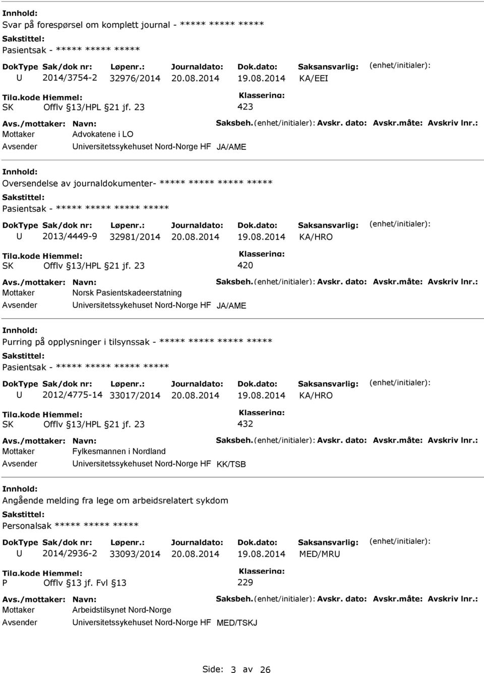 : Mottaker Advokatene i LO niversitetssykehuset Nord-Norge HF JA/AME nnhold: Oversendelse av journaldokumenter- ***** ***** ***** ***** asientsak - ***** ***** ***** ***** 2013/4449-9 32981/2014