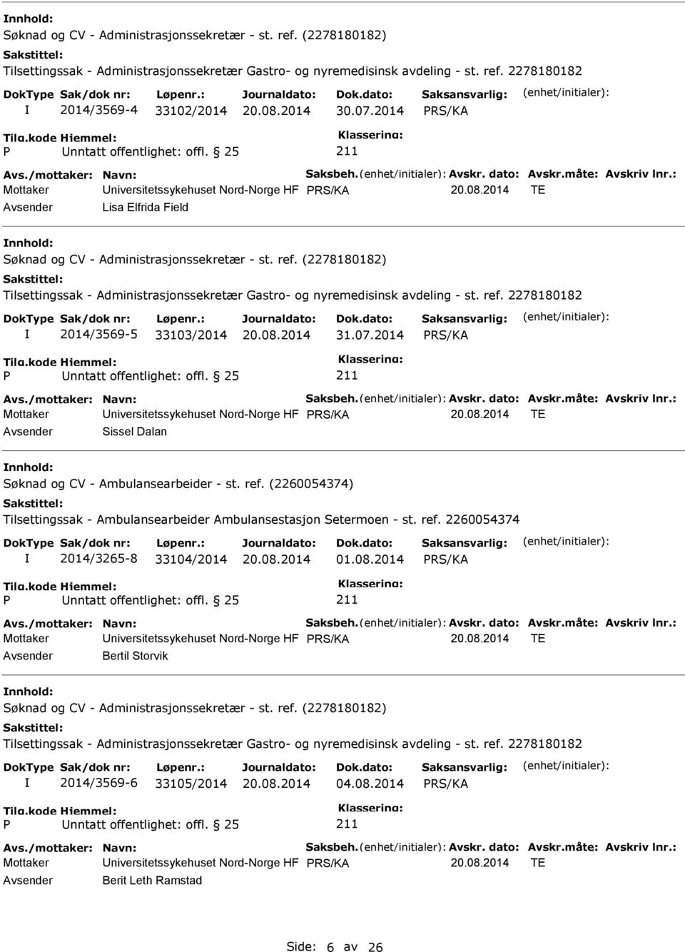 : Mottaker niversitetssykehuset Nord-Norge HF TE Sissel Dalan nnhold: Søknad og CV - Ambulansearbeider - st. ref. (2260054374) Tilsettingssak - Ambulansearbeider Ambulansestasjon Setermoen - st. ref. 2260054374 2014/3265-8 33104/2014 01.