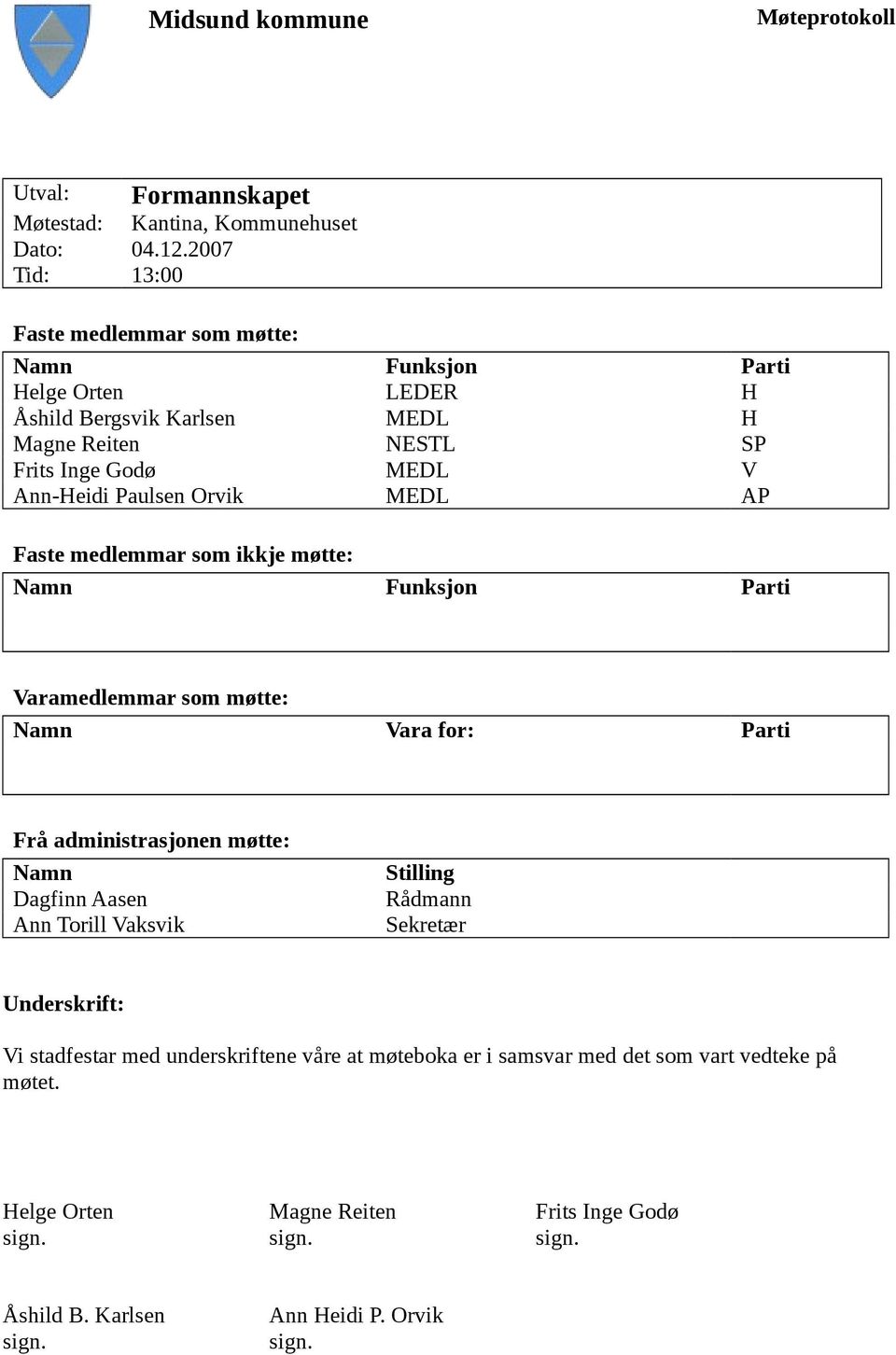 Paulsen Orvik MEDL AP Faste medlemmar som ikkje møtte: Namn Funksjon Parti Varamedlemmar som møtte: Namn Vara for: Parti Frå administrasjonen møtte: Namn Dagfinn Aasen Ann