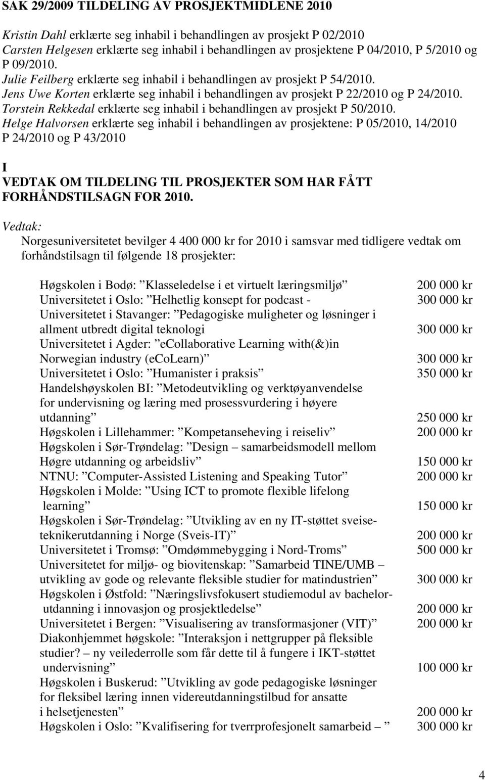 Torstein Rekkedal erklærte seg inhabil i behandlingen av prosjekt P 50/2010.