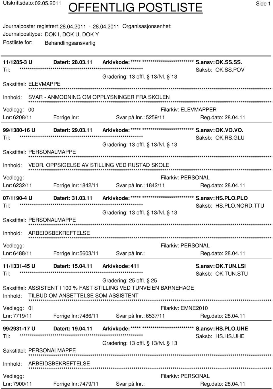 GLU Innhold: VEDR. OPPSIGELSE AV STILLING VED RUSTAD SKOLE Lnr: 6232/11 Forrige lnr:1842/11 Svar på lnr.: 1842/11 07/1190-4 U Datert: 31.03.11 Arkivkode:***** ****************************** S.