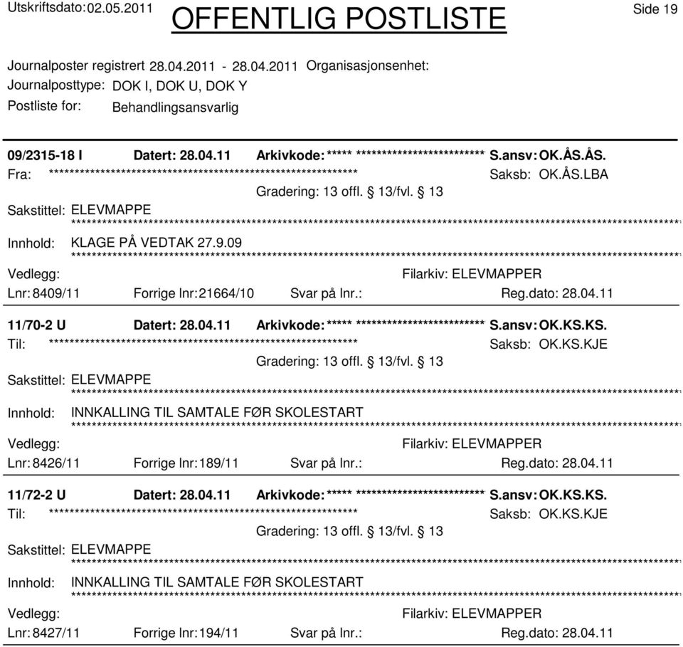 KS. Til: ************************************************************ Saksb: OK.KS.KJE Innhold: INNKALLING TIL SAMTALE FØR SKOLESTART Lnr: 8426/11 Forrige lnr:189/11 Svar på lnr.