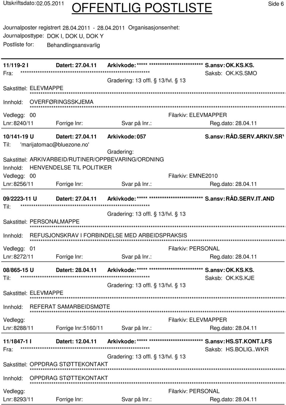 no' Sakstittel: ARKIVARBEID/RUTINER/OPPBEVARING/ORDNING Innhold: HENVENDELSE TIL POLITIKER 00 Lnr: 8256/11 Forrige lnr: Svar på lnr.: 09/2223-11 U Datert: 27.04.