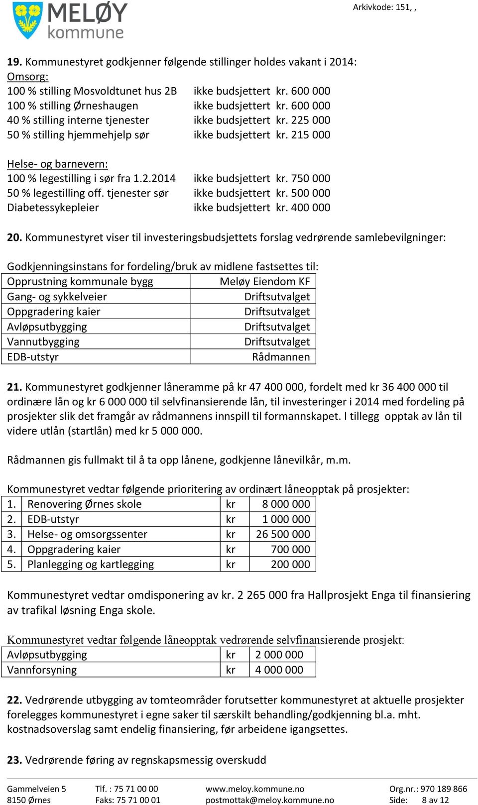 750 000 50 % legestilling off. tjenester sør ikke budsjettert kr. 500 000 Diabetessykepleier ikke budsjettert kr. 400 000 20.