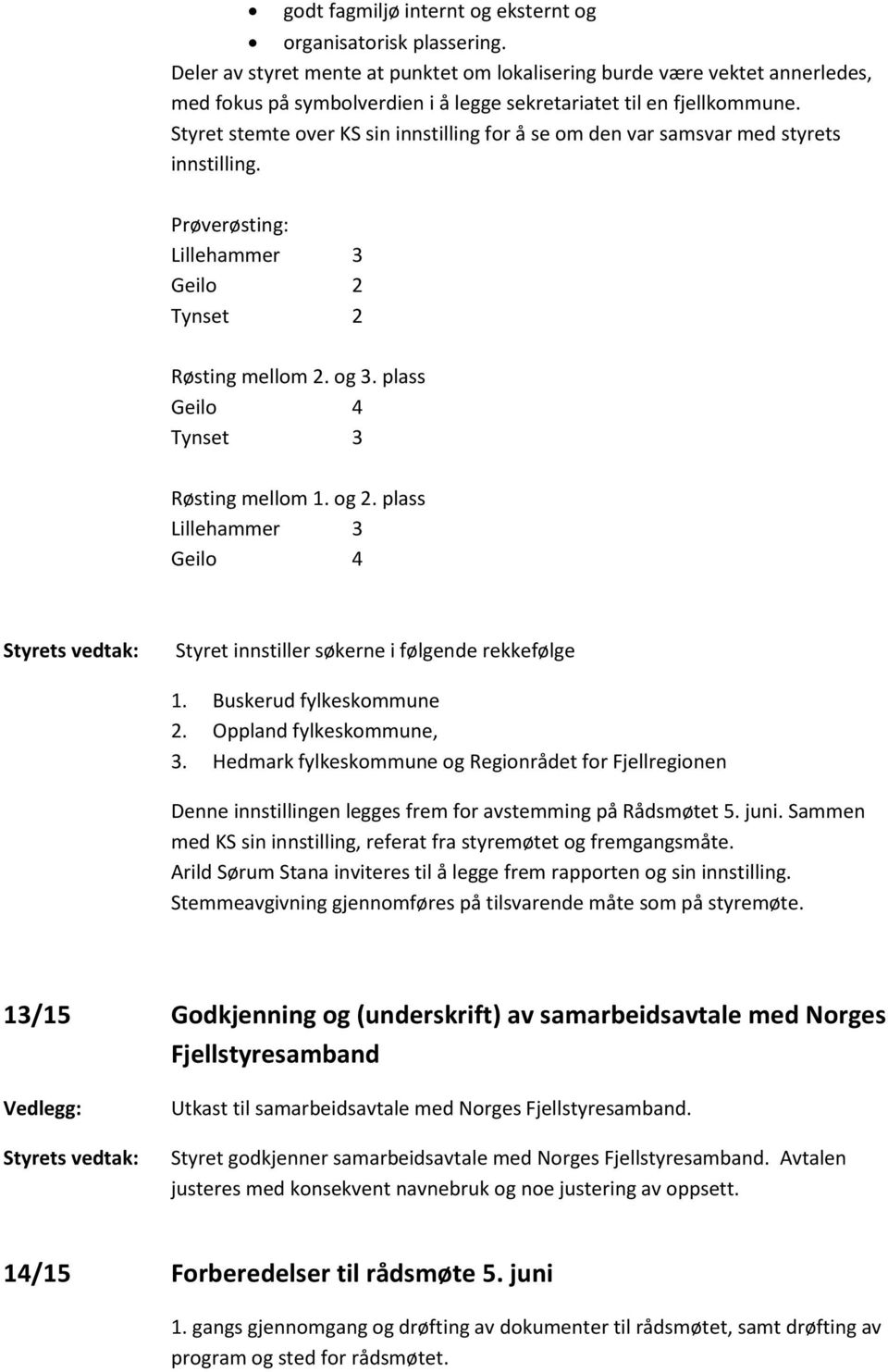 Styret stemte over KS sin innstilling for å se om den var samsvar med styrets innstilling. Prøverøsting: Lillehammer 3 Geilo 2 Tynset 2 Røsting mellom 2. og 3. plass Geilo 4 Tynset 3 Røsting mellom 1.