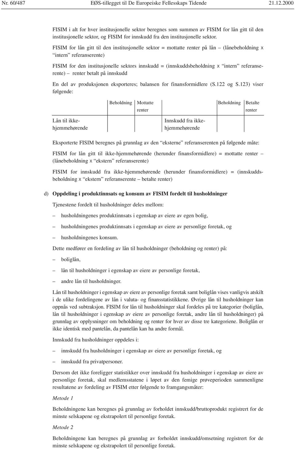 FISIM for lån gitt til den institusjonelle sektor = mottatte renter på lån (lånebeholdning x intern referanserente) FISIM for den institusjonelle sektors innskudd = (innskuddsbeholdning x intern