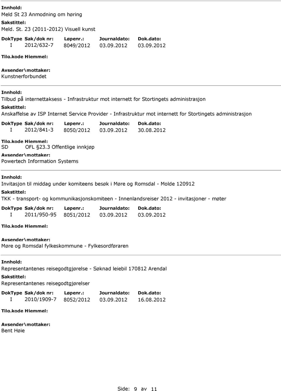23 (2011-2012) Visuell kunst 2012/632-7 8049/2012 Kunstnerforbundet nnhold: Tilbud på internettaksess - nfrastruktur mot internett for Stortingets administrasjon Anskaffelse av SP