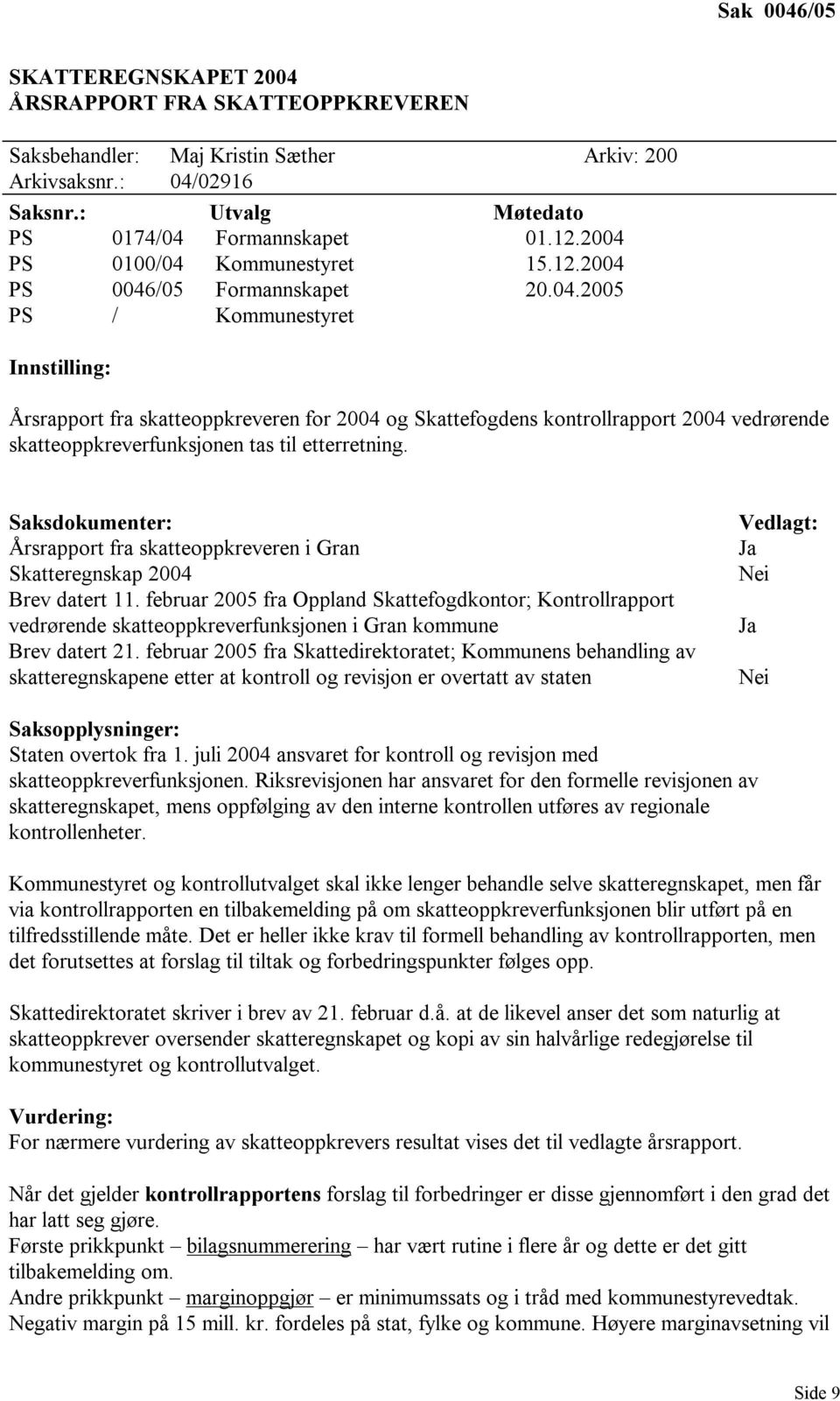 Saksdokumenter: Årsrapport fra skatteoppkreveren i Gran Skatteregnskap 2004 Brev datert 11.